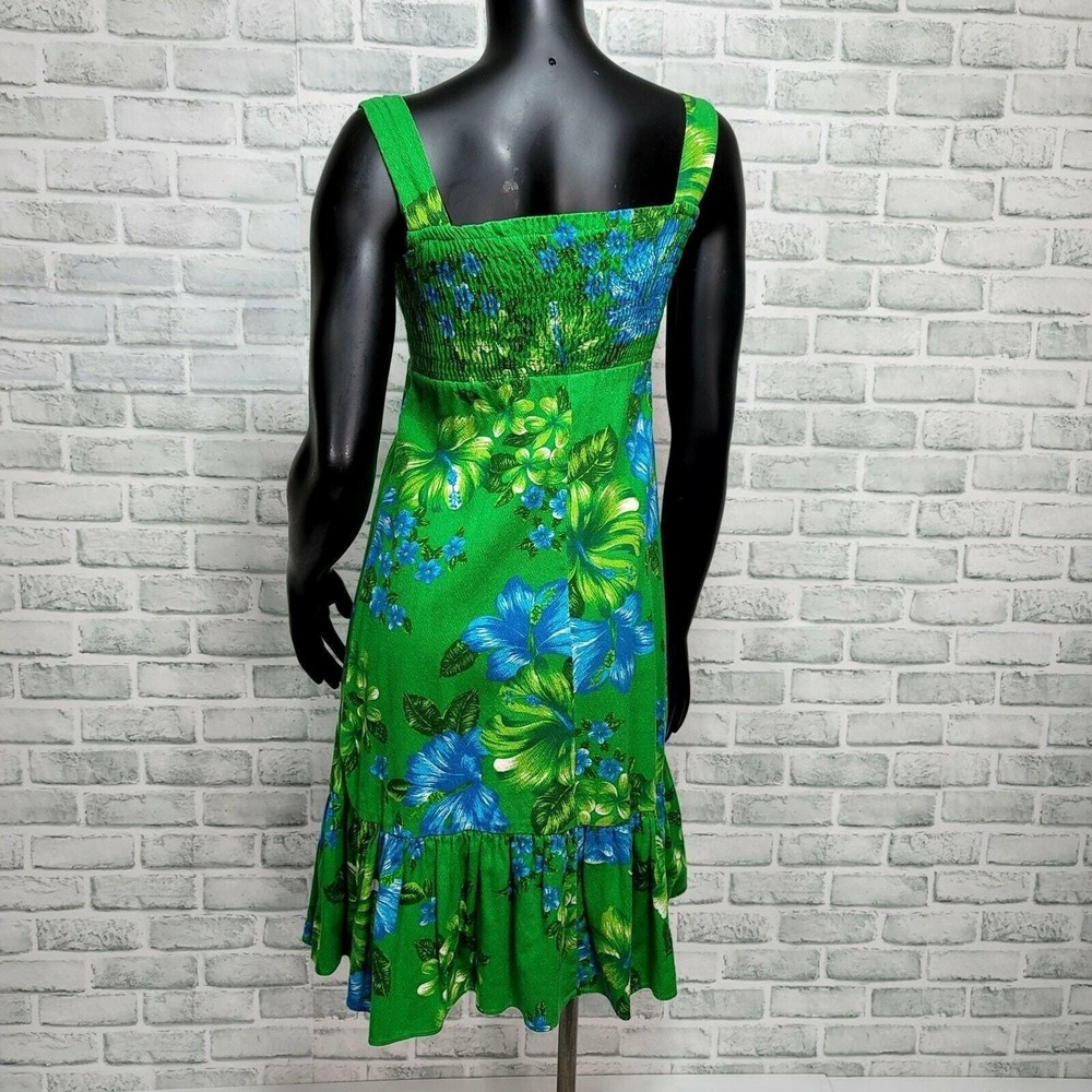 Vintage Hibiscus Floral Smocked Bodice Ruffle Hem Sundress Midi Tank Dress - Picture 4 of 6